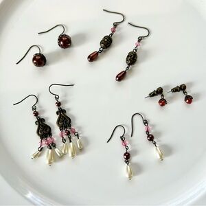 Vintage Y2K Set of 5 Antiqued Brass Earrings w/ Pink & Pearl Beads